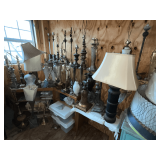 Assortment of lamps in various stages of disrepair/repair, shades
