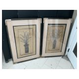 Pair of framed pussy willow branches in vases