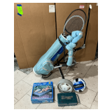 Sporting goods, golf bag, cart, clubs, tennis racquetball bat,