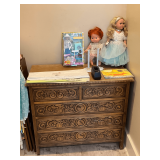 5-drawer chest and contents, 36" W x 18" D x 31" T, burn mark in top of chest