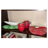 Pair of apple canisters, peas in a pod serving dish, USA California oblong dish with chip on base