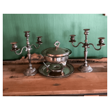 Chafing dish and pair of candelabras