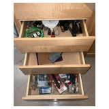 Scrapers, sandpaper, door hardware, drawer pulls, Frog tape