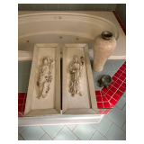 Stone vase with brass top, wall plaques 11" x 31", soap dish.