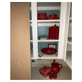 Red pottery salt & pepper shakers, pitcher, pie plate with wire rack, covered casserole