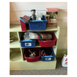 Garden supplies, hummingbird feeder, gloves, plastic sheeting