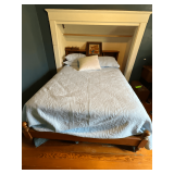 Full size bed with bookcase headboard, linens, teddy bear needlework