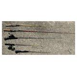 3 rods and reels, 2 ice fishing sets
