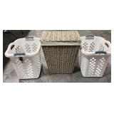 Woven laundry hamper, 23" T and plastic baskets