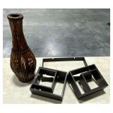 Wooden shadow box and decorative vase