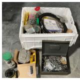 Tote of hardware, screws, turn buckles, braided hose, etc.