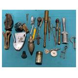 Yankee screwdriver, plumb bob, vintage tachometer