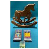 Wooden 9 1/2" T horse and Tomy pocket games
