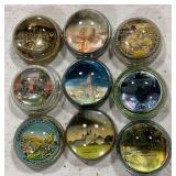 Group of 9 vintage souvenir glass paperweights
