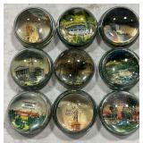 Group of 9 vintage souvenir glass paperweights