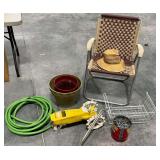 Rain Train, hose, planters, peg hooks, lawn chair, etc.