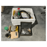 Tote of hardware, screws, turn buckles, braided hose, etc.