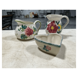Pair of hand decorated pitchers and a heart shaped bowl