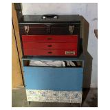 Western Auto 3-drawer box, 21" W x 14" T with contents and cabinet