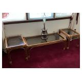 Glass top coffee table, two end tables, table lamp