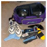 Strikes double bowling ball bag, used ball, Brunswick size 8 1/2 bowling shoes