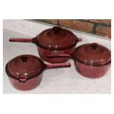 Visionware, 3 sauce pans up to 2 quart, one has double boiler insert.