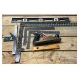 Stanley plane, steel framing square, combination square, 6" and 24" levels