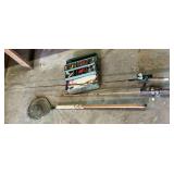Metal tackle box and tackle, dip net, fishing poles