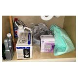 Contents of vanity, cleaning supplies, Proctor Silex iron