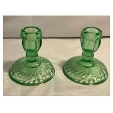Pair of green Depression Glass candlesticks