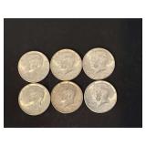 (6) 1964 Kennedy silver half dollars