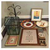 Mug tree, glass terrarium, platters, framed artwork