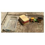 Tin lunch box with tray,  Pareil Non-Sand & Gravel tin toy missing seat & windup
