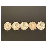 5 Walking Liberty silver half dollars