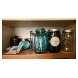 Mason jars, pair of small crocks with bail lids