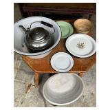 Enamel plates, dish pan, tea kettle, etc.