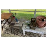 Parrot figurine, wooden tables, flower pots, etc.