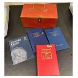 Wooden box with hinged lid, coin books and Lincoln cent empty album