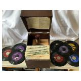 Wooden box with 45 records