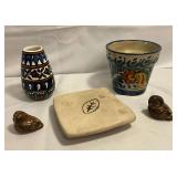 Pottery planter, trivet and figurines
