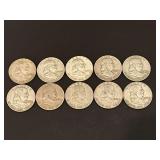 10 Franklin silver half dollars