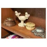 Music box, cast mini bird bath, bell, Lefton dresser box