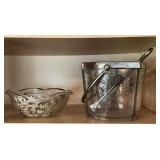 Ice bucket with silver tone overlay with tongs
