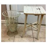 Metal planter and wooden plant stand