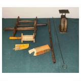 Antique postal scale, spools, Bomber fishing lure