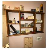 Wooden shelf 30" x 17", with vintage advertising items Ivory Soap,
