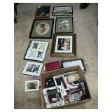Assortment of picture frames, shadow boxes, some artwork