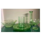 Green Depression Glass pieces, 3 dessert plates, handled bowl, glass
