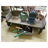 Wooden wagon seat (rough condition), garden tools