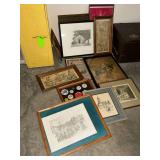 Framed artwork, St. Louis, advertising buttons, etc.